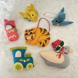 Lot of 6 Vintage Handmade Felt & Sequined Christmas Ornaments Cheshire Cat Doves
